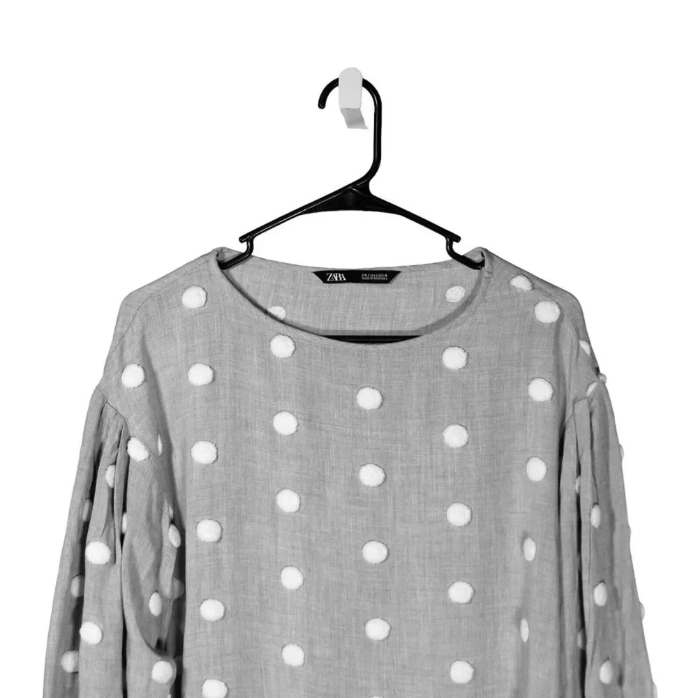 Zara Women's Blouse Gray White Polka Dot Pom Pom Puff Sleeve Coquette Top Small